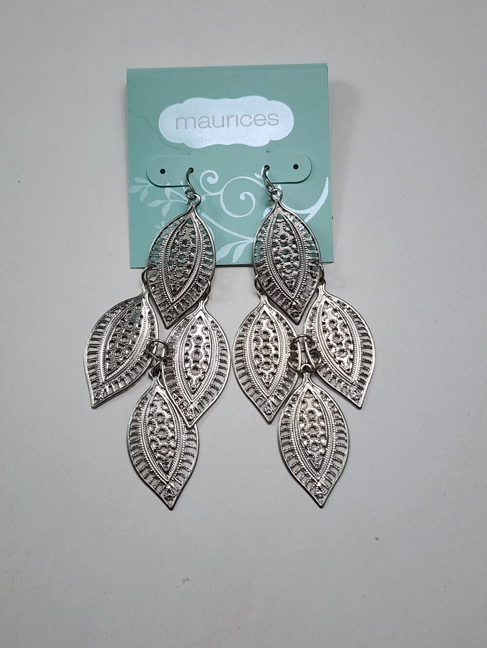 NEW! Maurices Silver Tone Filigree Leaf Tiered Chandelier Drop Earrings